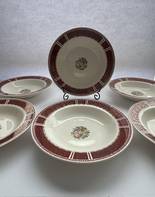 6 Homer Laughlin Piccadilly Rim Soup Bowls P531 Red Rim Gold Floral Center 1942