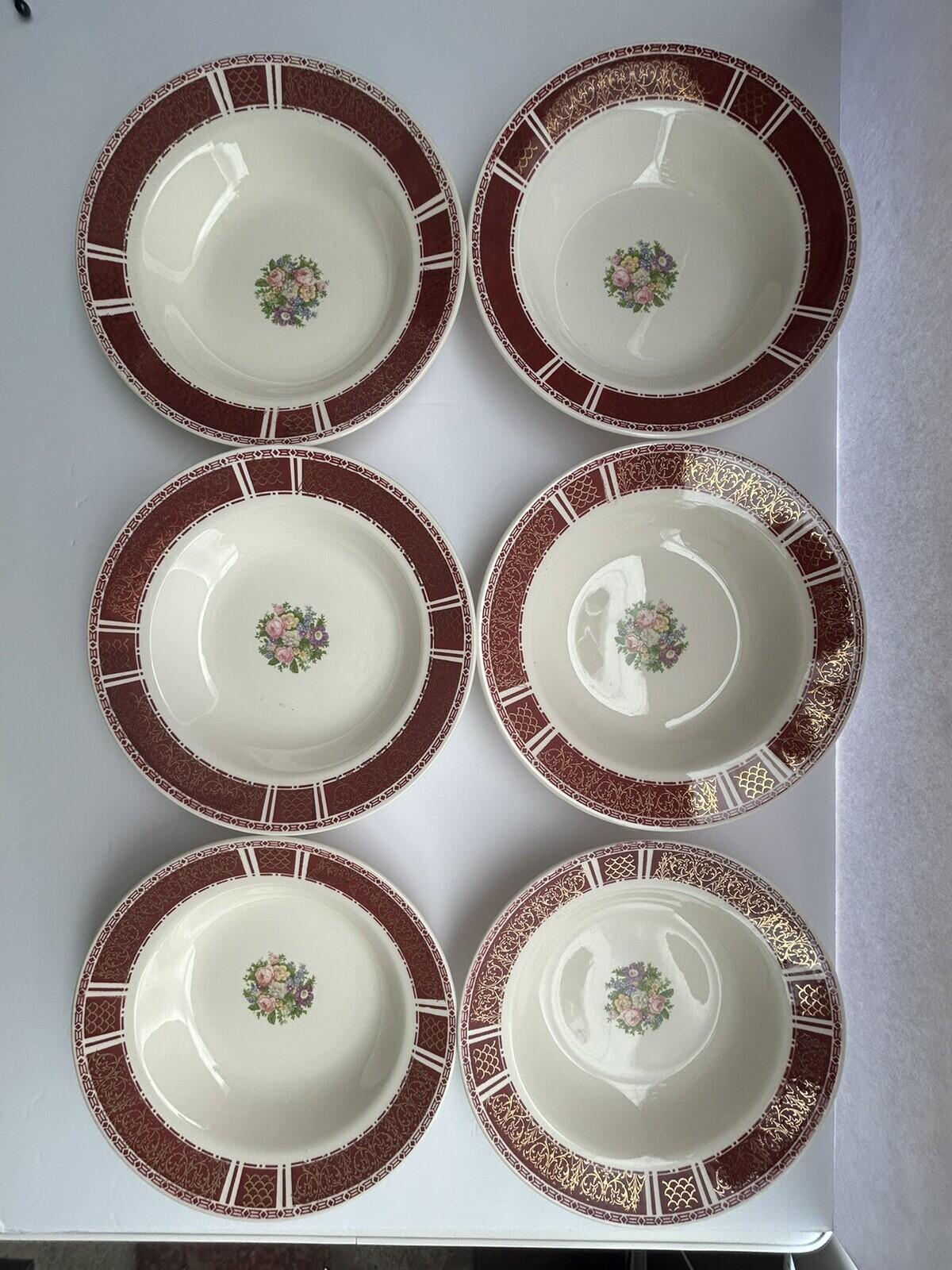 6 Homer Laughlin Piccadilly Rim Soup Bowls P531 Red Rim Gold Floral Center 1942