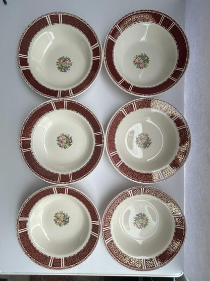 6 Homer Laughlin Piccadilly Rim Soup Bowls P531 Red Rim Gold Floral Center 1942