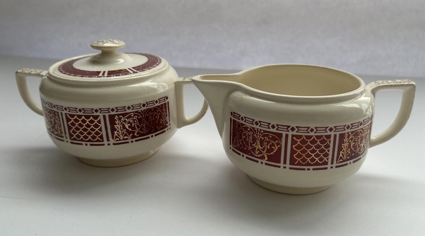 Homer Laughlin Piccadilly Creamer And Sugar-Maroon And Gold Edge, Floral Center