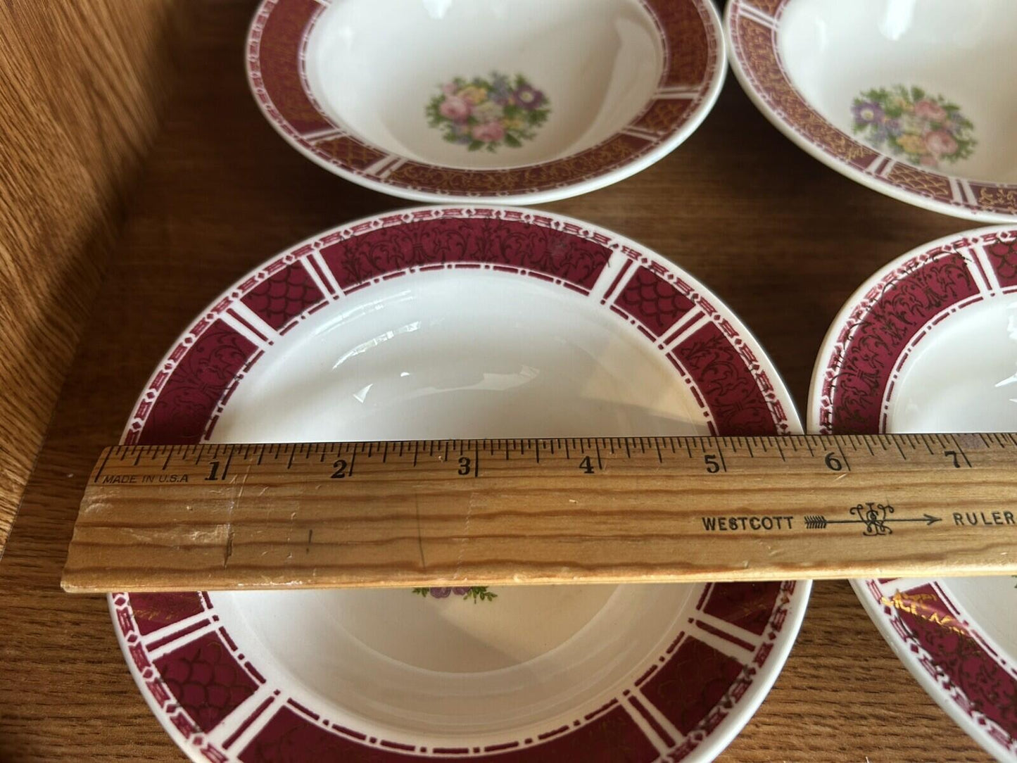 6 Homer Laughlin Piccadilly Dessert Fruit Bowls 5.5" red/gold rim floral Center