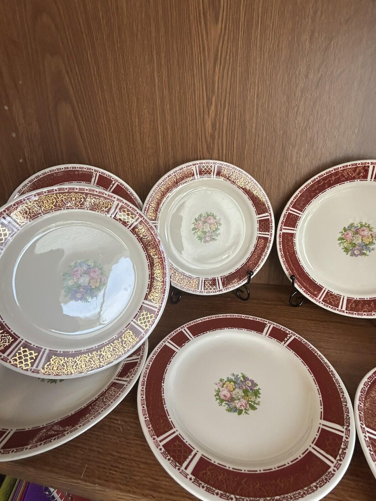 8 Homer Laughlin Piccadilly 7.5” Plates red rim gold floral center 1940s