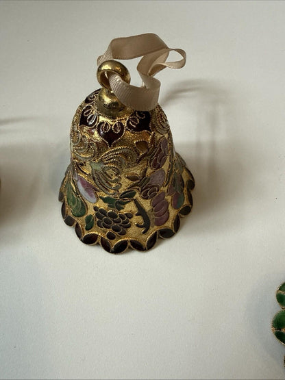 Vintage Mini Bell Ornaments Cloisonné Style Gold Enamel Floral Set of 4