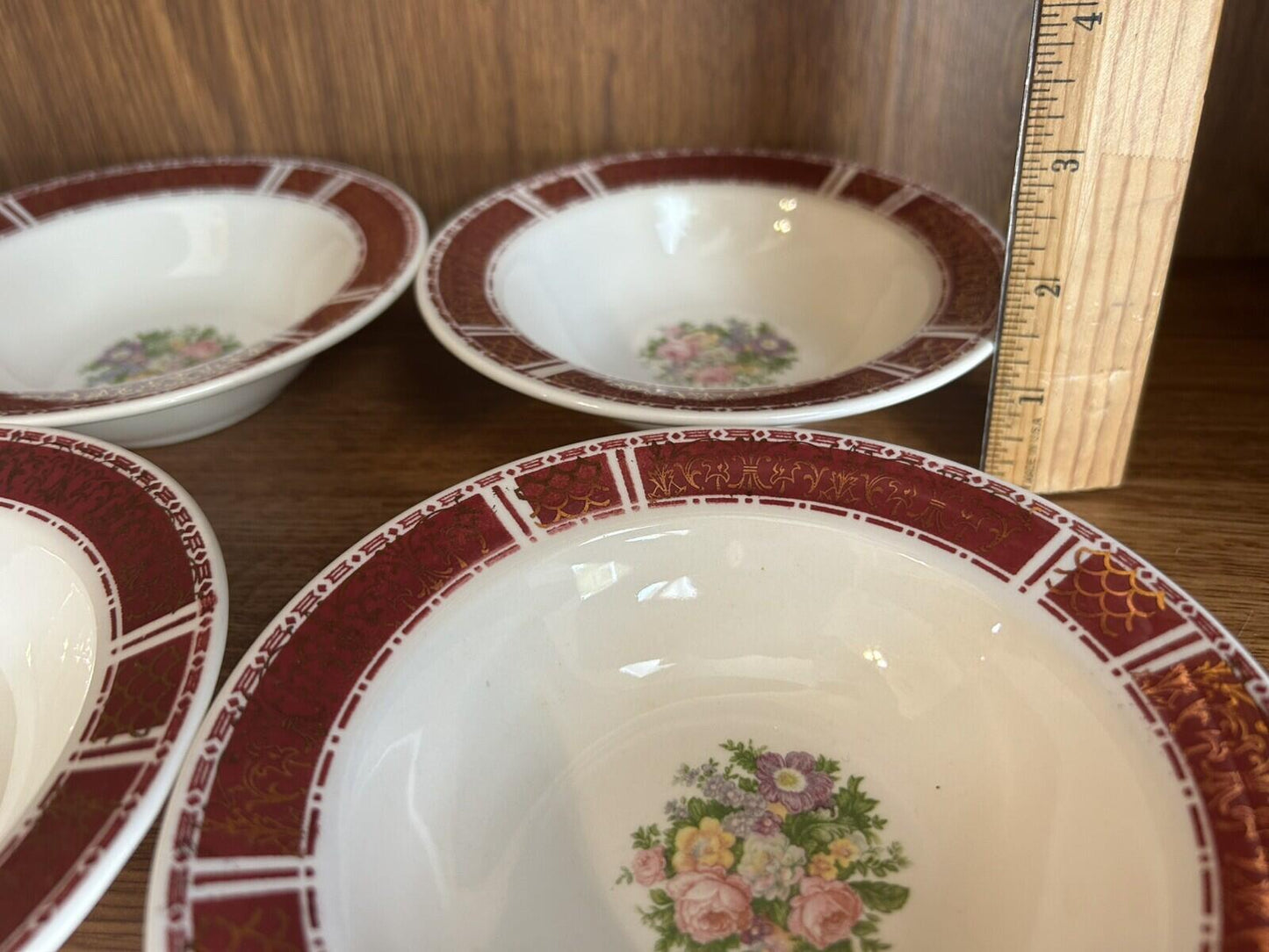 6 Homer Laughlin Piccadilly Dessert Fruit Bowls 5.5" red/gold rim floral Center