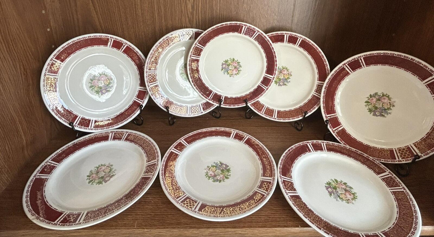 8 Homer Laughlin Piccadilly 7.5” Plates red rim gold floral center 1940s