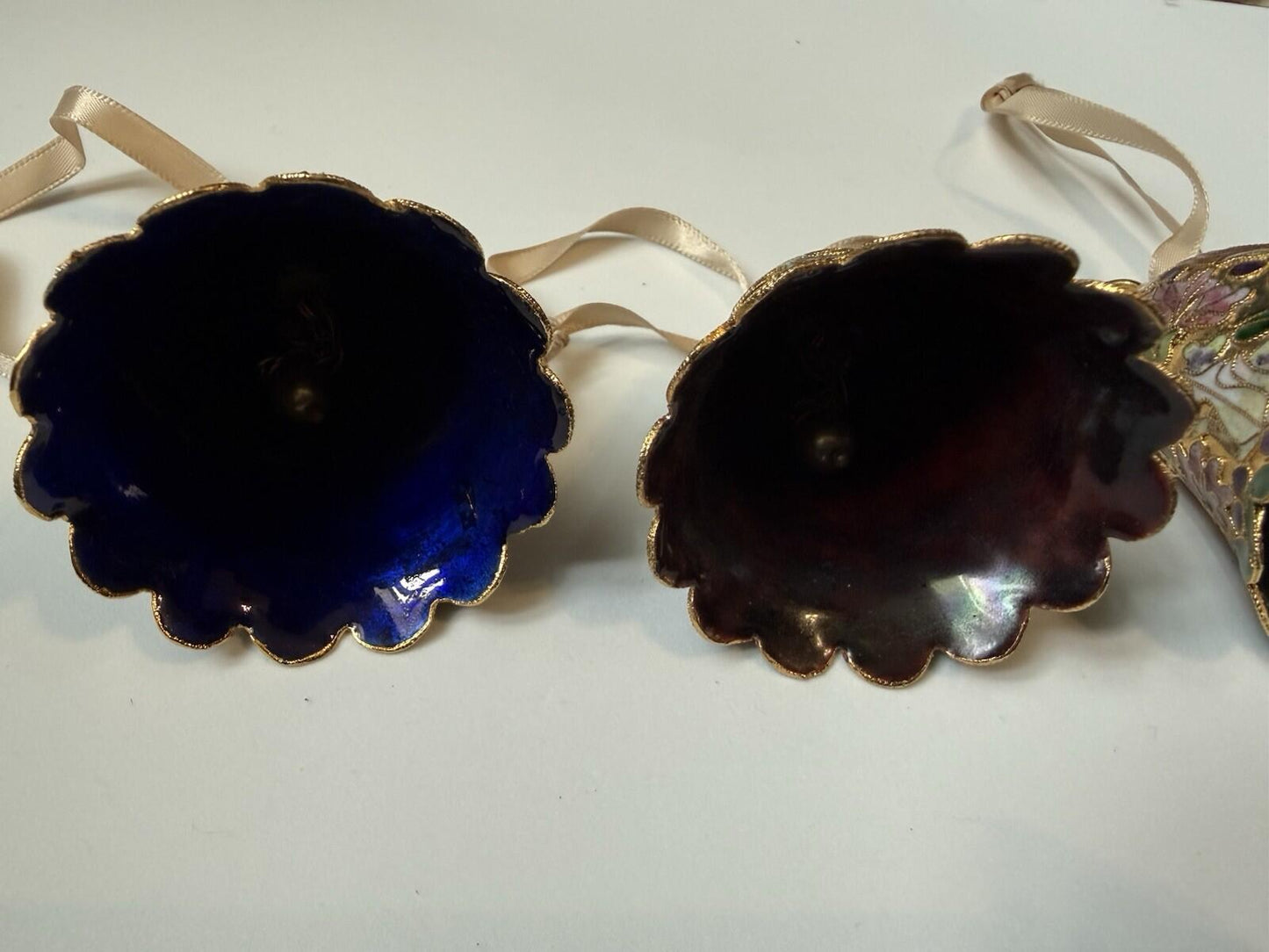 Vintage Mini Bell Ornaments Cloisonné Style Gold Enamel Floral Set of 4