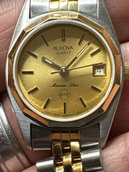 Vintage Bulova Marine Star Quartz Men's Watch Gold Dial Two-Tone Date 330FT