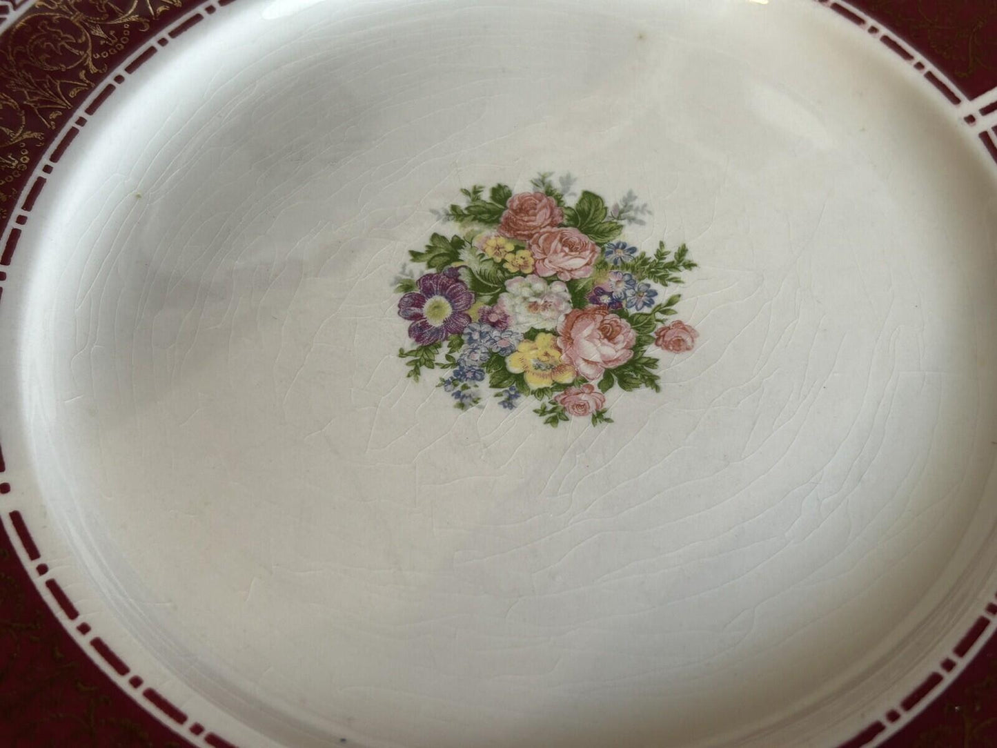 8 Homer Laughlin Piccadilly 7.5” Plates red rim gold floral center 1940s