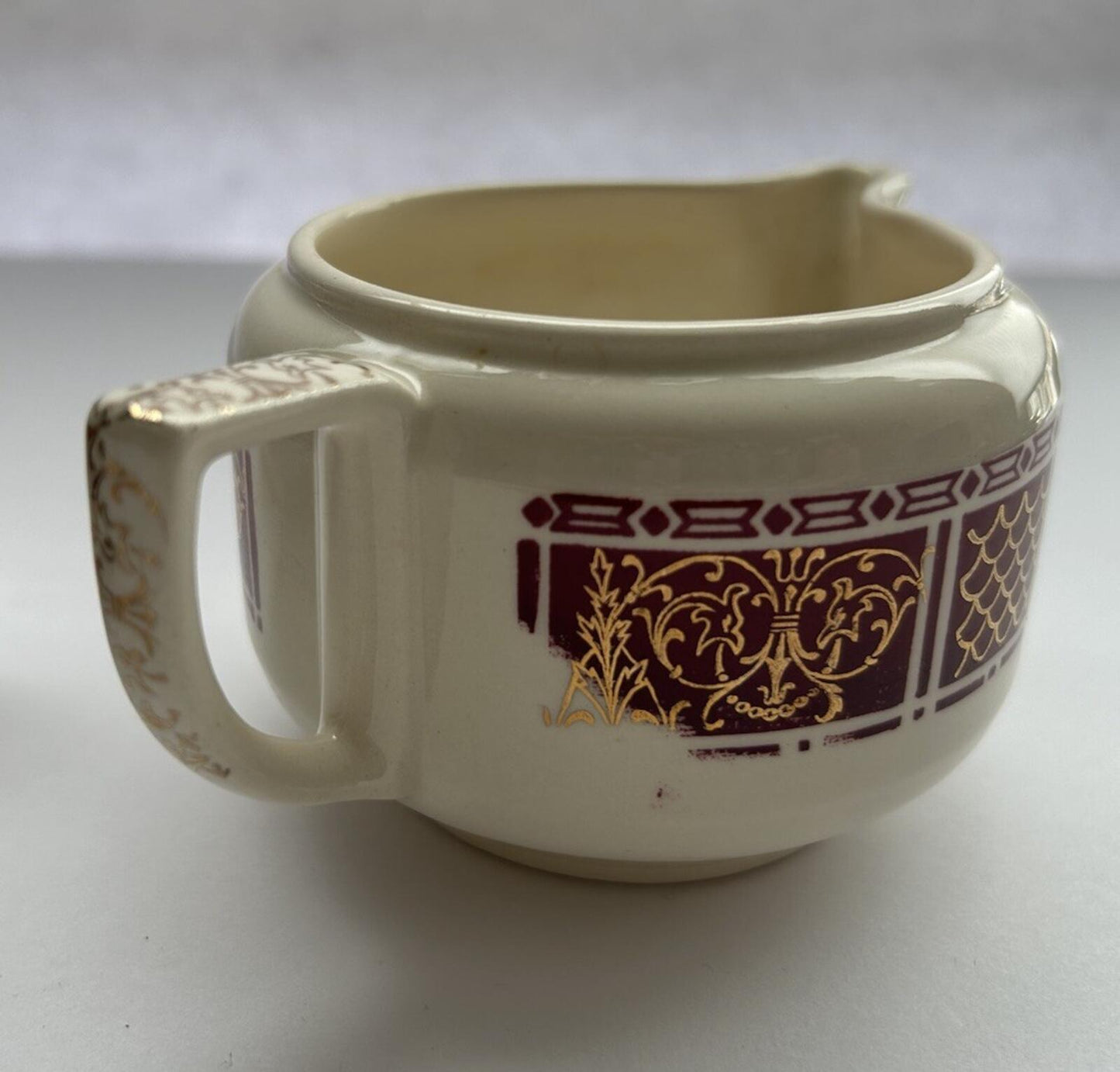 Homer Laughlin Piccadilly Creamer And Sugar-Maroon And Gold Edge, Floral Center