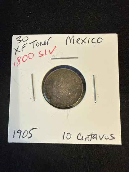1905 Mexico 10 centavos .800 silver XF Toner