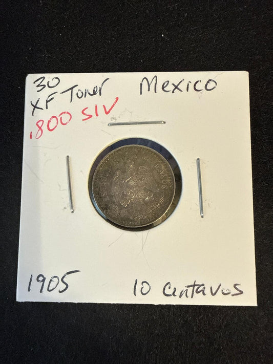 1905 Mexico 10 centavos .800 silver XF Toner