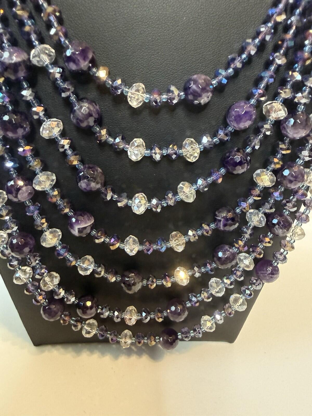 Signed NAKAMOL Thailand Amethyst Crystal Multi Strand Statement Necklace Boho
