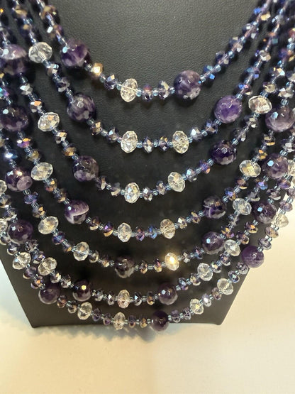 Signed NAKAMOL Thailand Amethyst Crystal Multi Strand Statement Necklace Boho