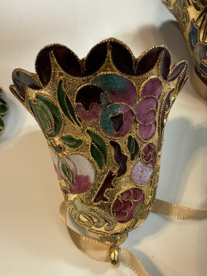 Vintage Mini Bell Ornaments Cloisonné Style Gold Enamel Floral Set of 4