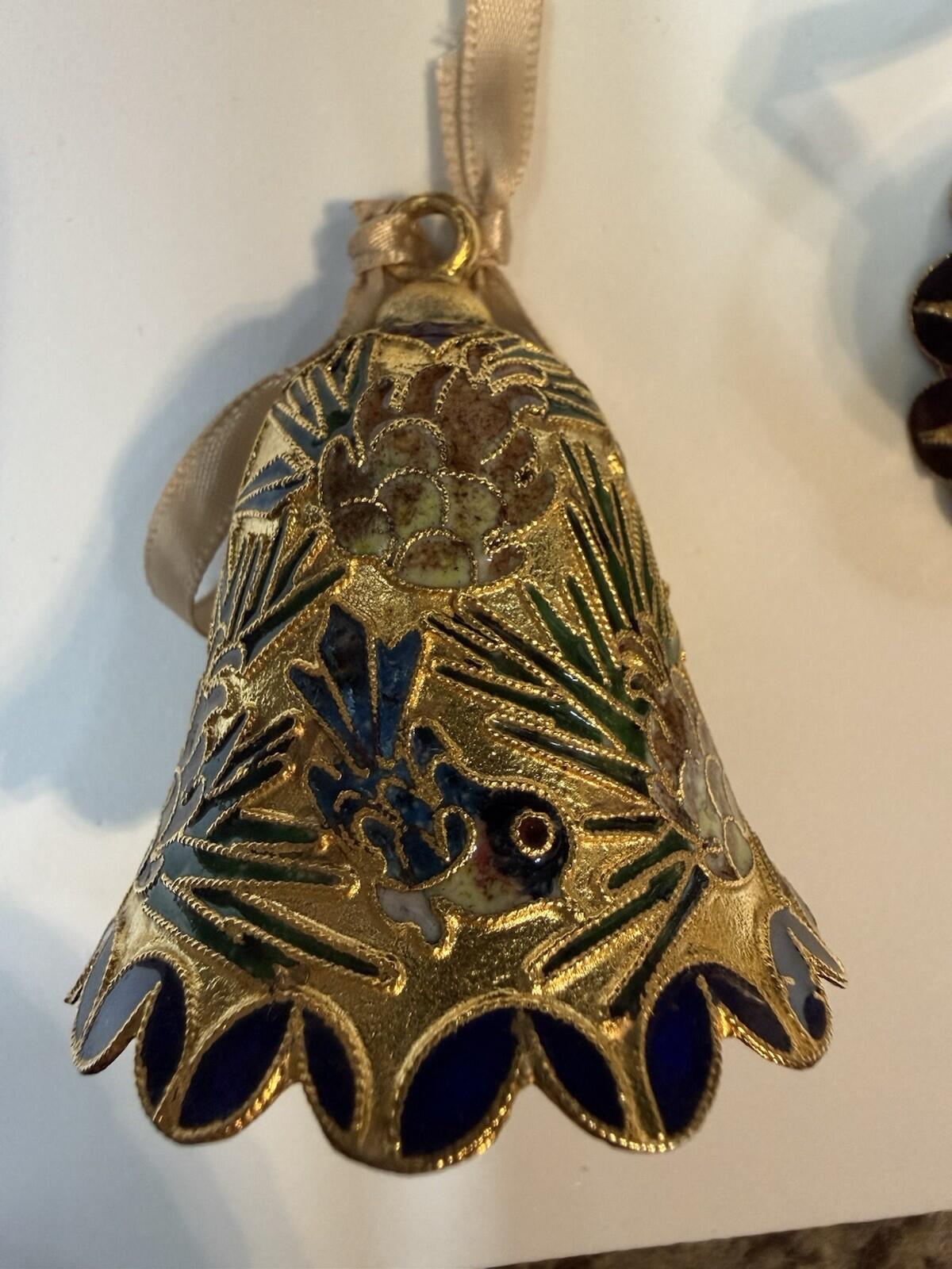Vintage Mini Bell Ornaments Cloisonné Style Gold Enamel Floral Set of 4