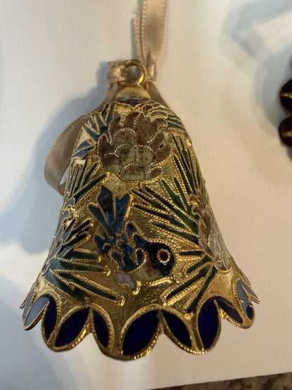 Vintage Mini Bell Ornaments Cloisonné Style Gold Enamel Floral Set of 4
