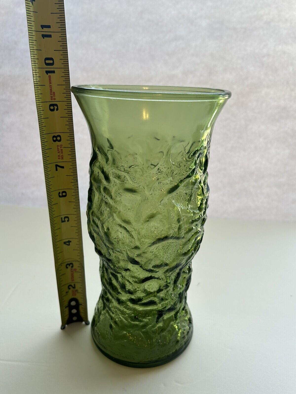 Vintage 1970 Glass Crinkle Vase E.O. Brody Emerald