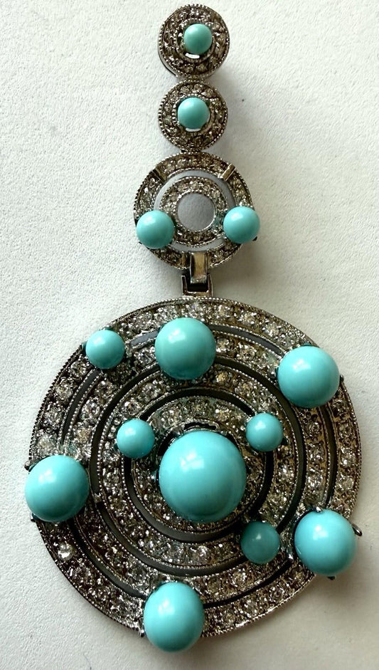 Vintage Style Rhodium Plated Turquoise Color Cabochon CZ Large Pendant