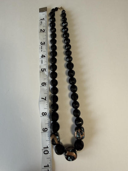 Vintage Black Faceted Bead Necklace Art Glass Foil Accent Statement Necklace
