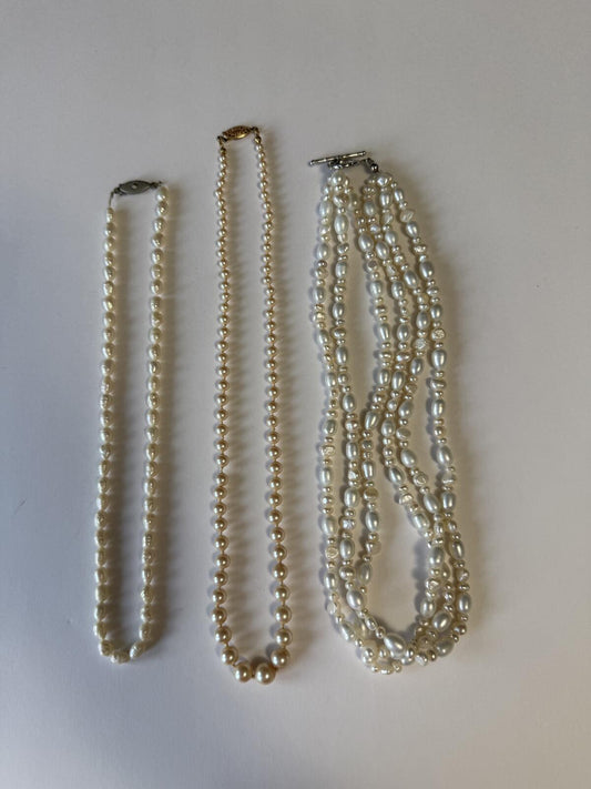 Vintage Faux Pearl Necklace Lot 3 Strand Single Strand Beaded Necklaces