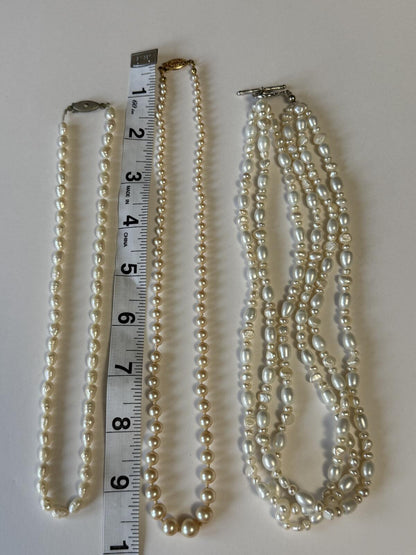 Vintage Faux Pearl Necklace Lot 3 Strand Single Strand Beaded Necklaces