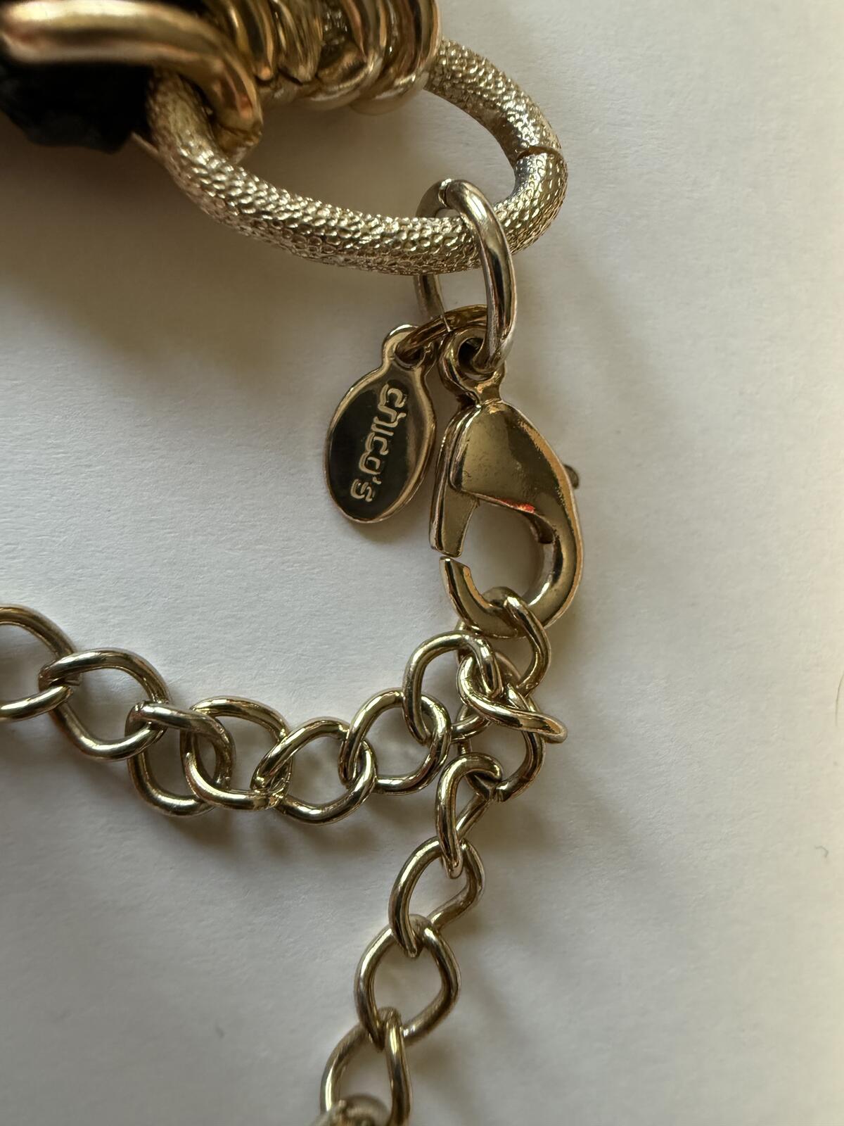 Chico’s Multi Strand Gold Tone Chain Necklace Hematite Gray Bead Collar