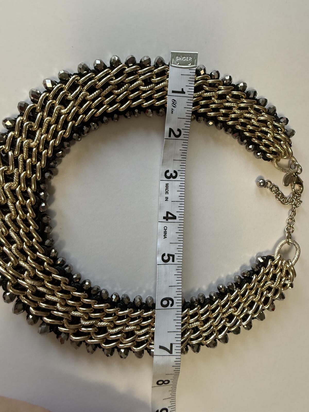 Chico’s Multi Strand Gold Tone Chain Necklace Hematite Gray Bead Collar