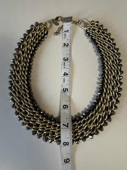 Chico’s Multi Strand Gold Tone Chain Necklace Hematite Gray Bead Collar