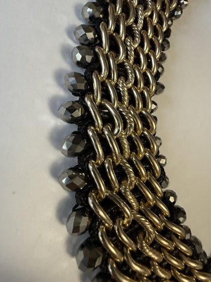 Chico’s Multi Strand Gold Tone Chain Necklace Hematite Gray Bead Collar