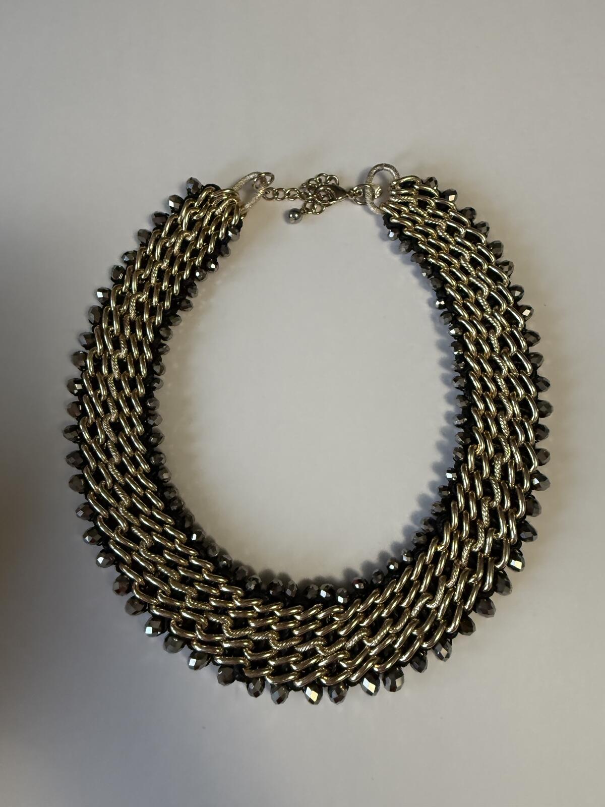 Chico’s Multi Strand Gold Tone Chain Necklace Hematite Gray Bead Collar