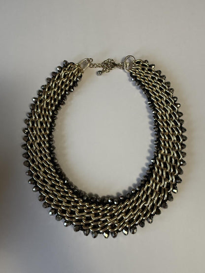 Chico’s Multi Strand Gold Tone Chain Necklace Hematite Gray Bead Collar