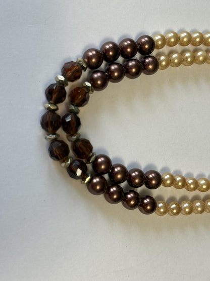 Vintage Double Strand Faux Pearl Necklace Brown Faceted Crystal Beads Retro