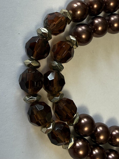 Vintage Double Strand Faux Pearl Necklace Brown Faceted Crystal Beads Retro