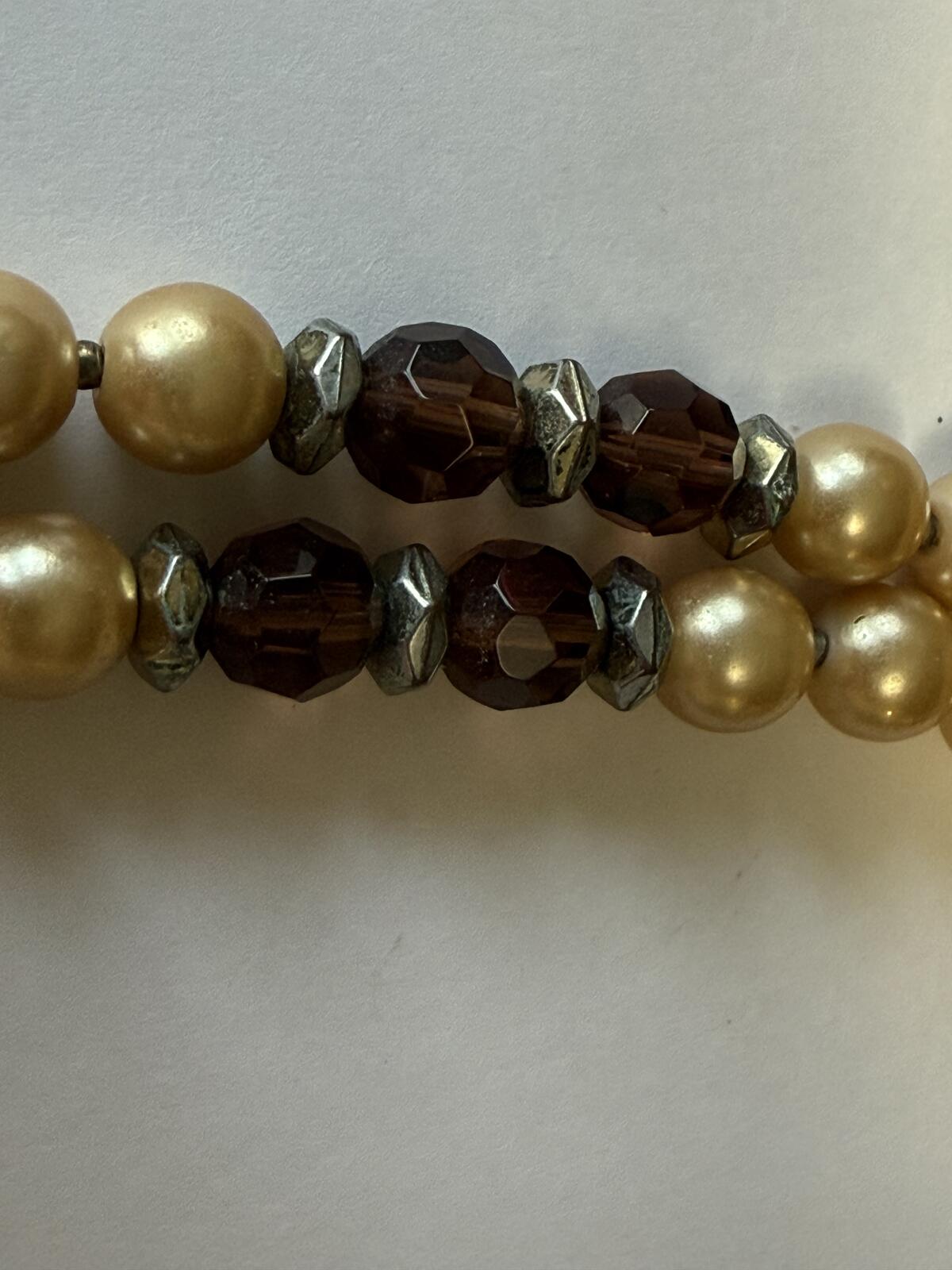 Vintage Double Strand Faux Pearl Necklace Brown Faceted Crystal Beads Retro