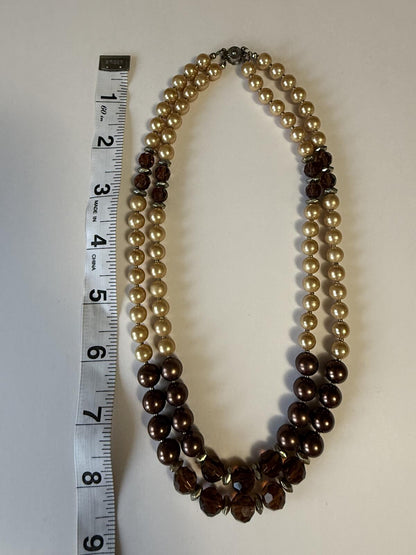Vintage Double Strand Faux Pearl Necklace Brown Faceted Crystal Beads Retro