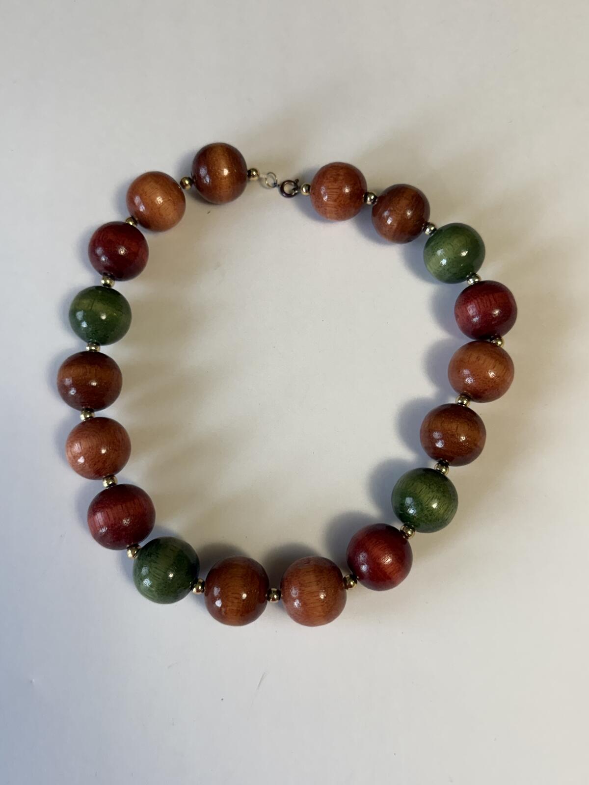 Vintage Handcrafted Wooden Bead Necklace Red Green Brown Large Round Beads 18”