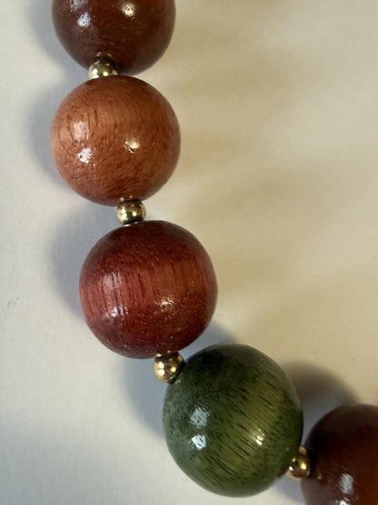 Vintage Handcrafted Wooden Bead Necklace Red Green Brown Large Round Beads 18”
