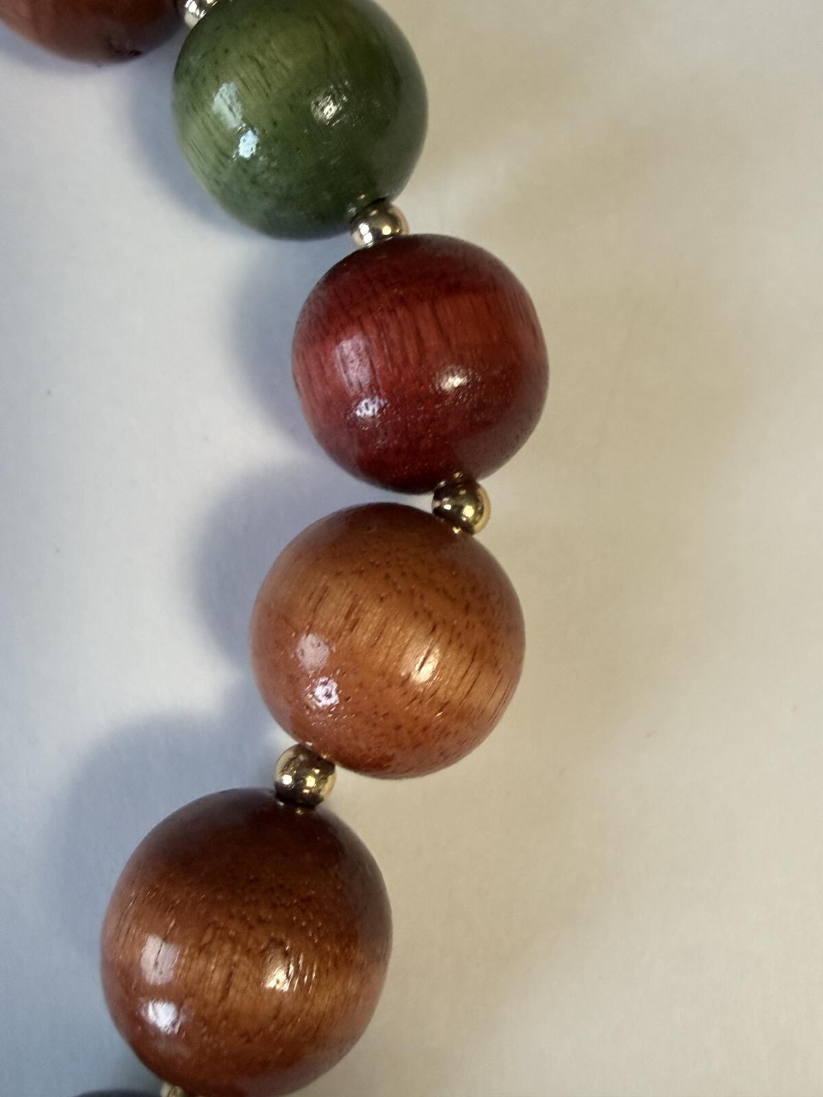 Vintage Handcrafted Wooden Bead Necklace Red Green Brown Large Round Beads 18”