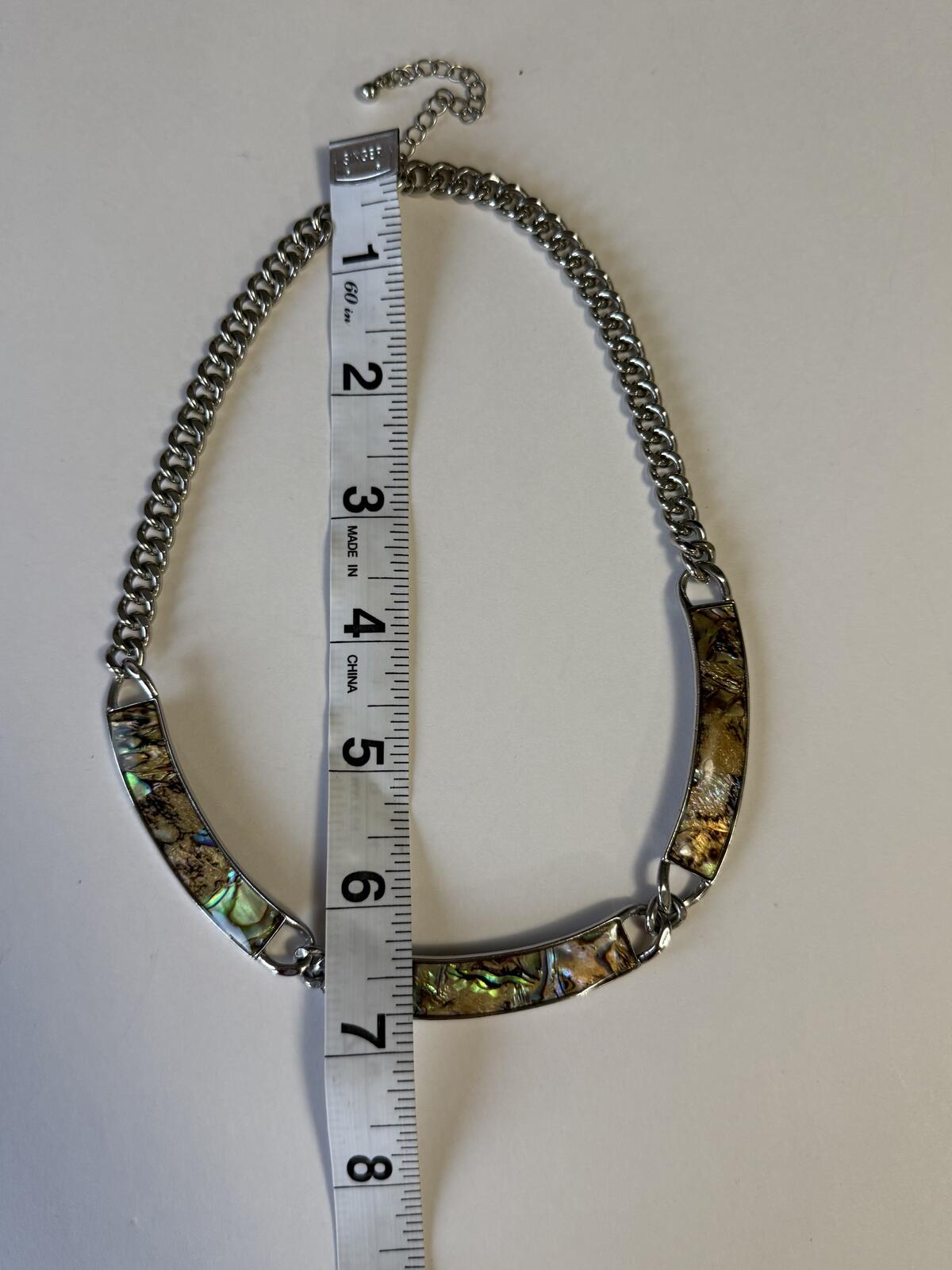 Vintage Abalone Shell Inlay Necklace Silver Tone Link Choker Adjustable