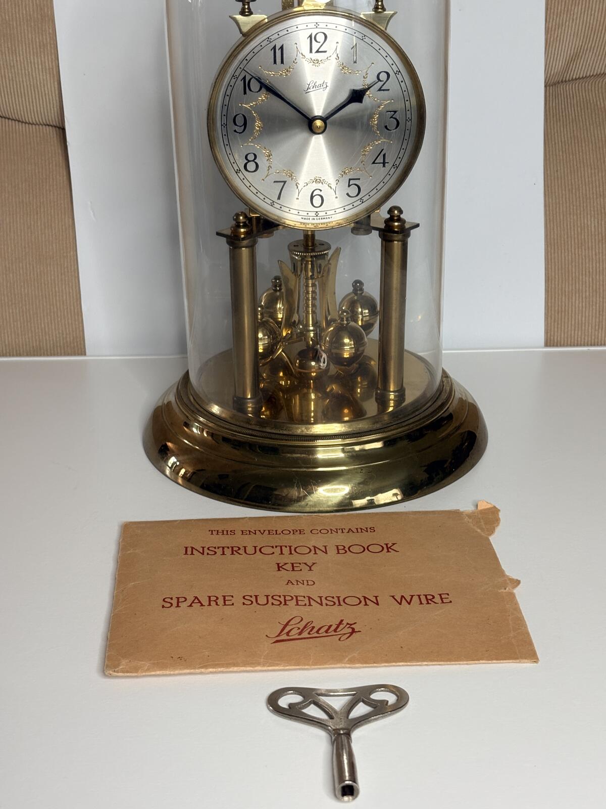 Vintage Schatz 400 Day Anniversary Clock w/ Dome Key Manual & Spare Wire