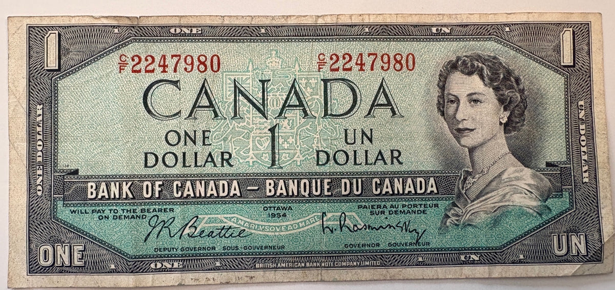 1954 Canada $1 Banknote Queen Elizabeth II Beattie Coyne BC-37a P-74a