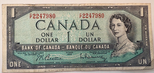 1954 Canada $1 Banknote Queen Elizabeth II Beattie Coyne BC-37a P-74a