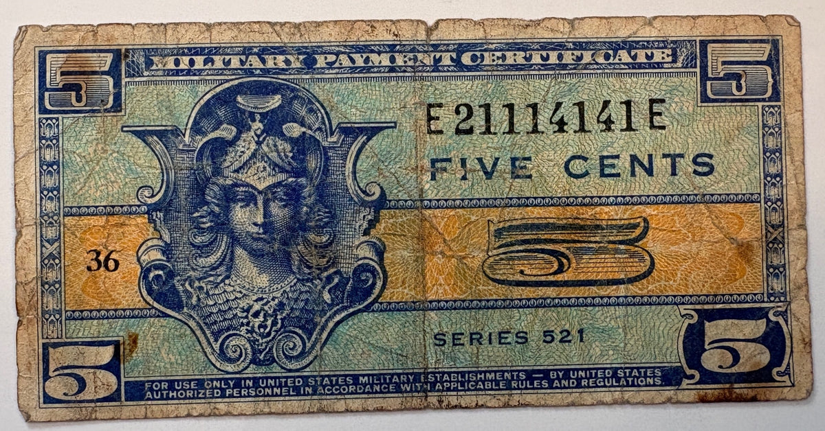 1954 US Military Payment Certificate 5 Cents Series 521 MPC P-M29