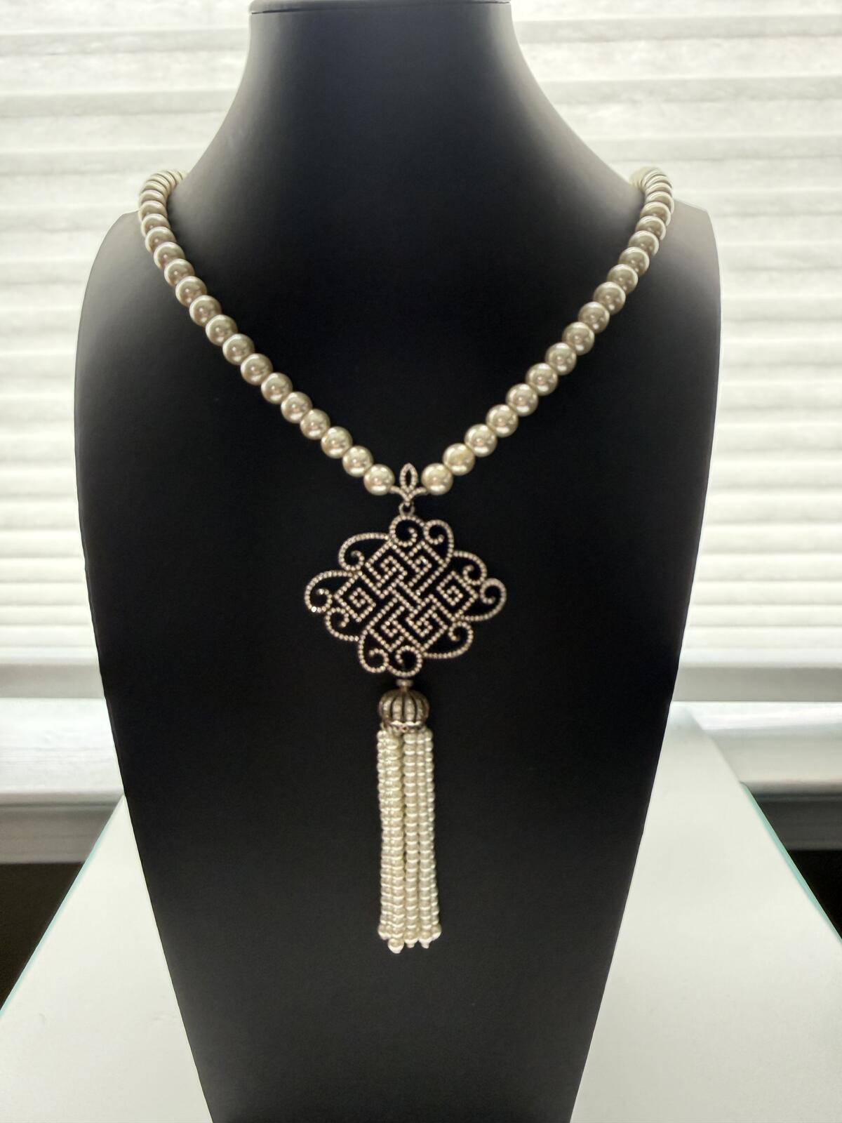 Vintage Faux Pearl Strand Necklace Celtic Knot Pendant Pearl Tassel Drop