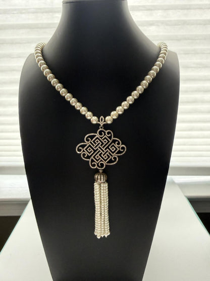 Vintage Faux Pearl Strand Necklace Celtic Knot Pendant Pearl Tassel Drop