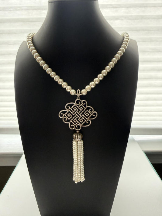 Vintage Faux Pearl Strand Necklace Celtic Knot Pendant Pearl Tassel Drop