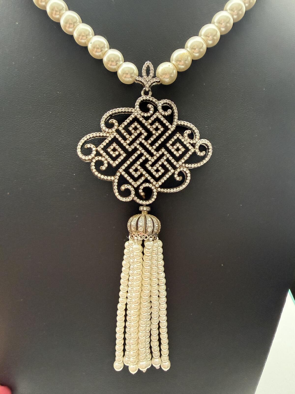Vintage Faux Pearl Strand Necklace Celtic Knot Pendant Pearl Tassel Drop