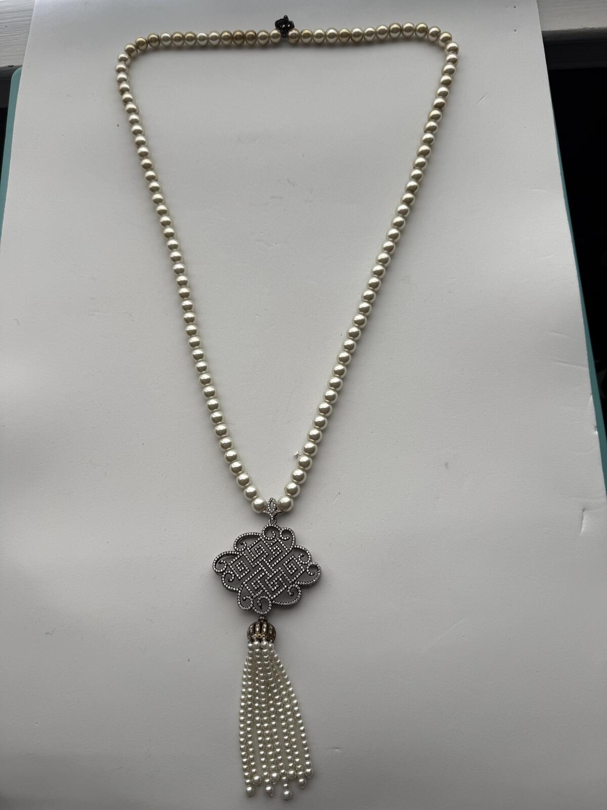 Vintage Faux Pearl Strand Necklace Celtic Knot Pendant Pearl Tassel Drop