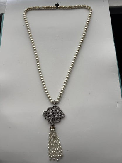 Vintage Faux Pearl Strand Necklace Celtic Knot Pendant Pearl Tassel Drop