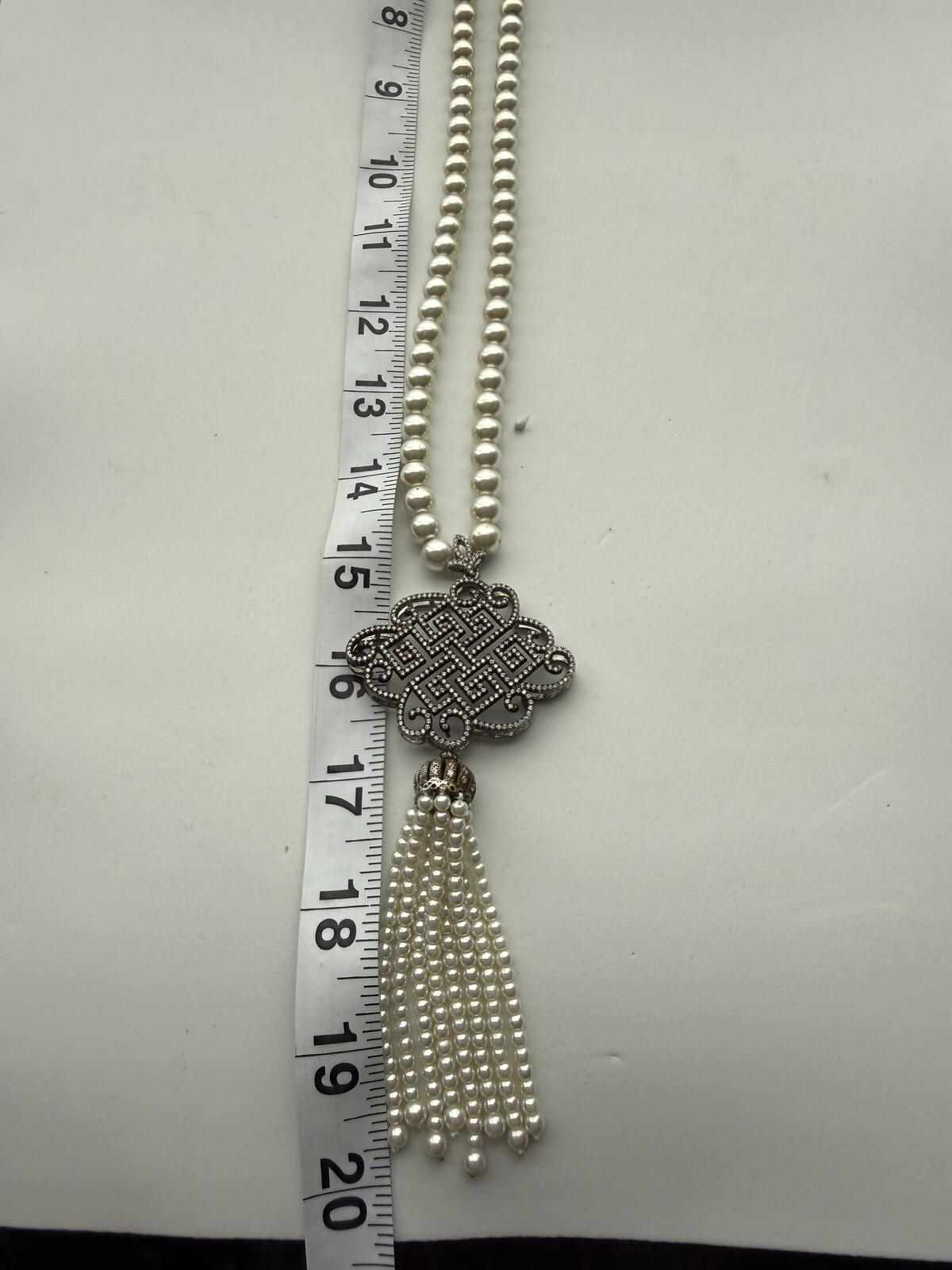 Vintage Faux Pearl Strand Necklace Celtic Knot Pendant Pearl Tassel Drop